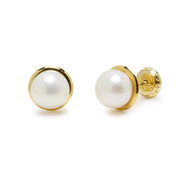 Pendientes Niña Perla Bisel en Oro Amarillo 9 Kilates