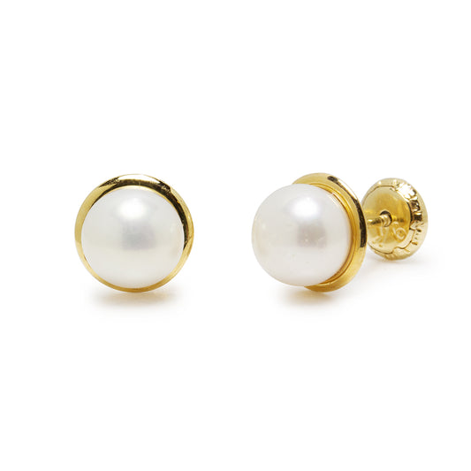 Pendientes Niña Perla Bisel en Oro Amarillo 9 Kilates