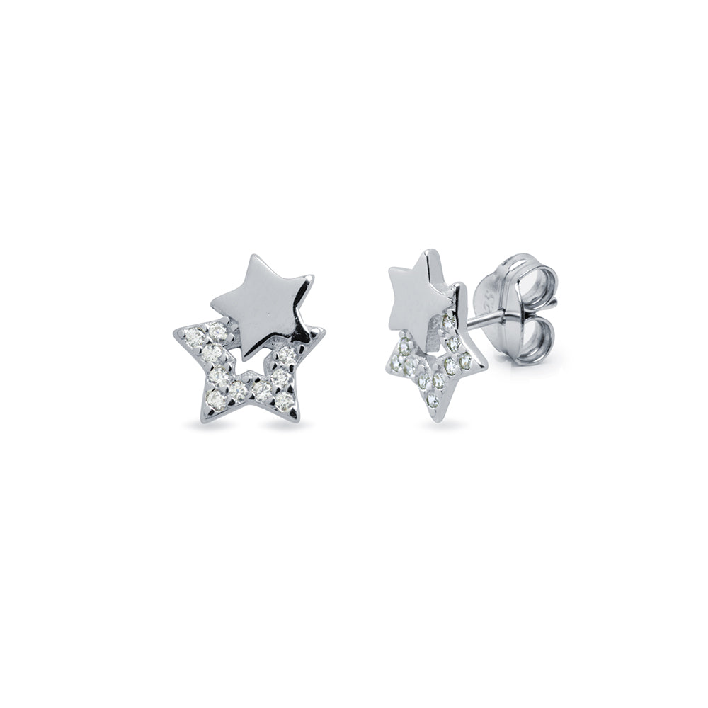 Pendientes Dobles Estrellas con Circonitas en Plata