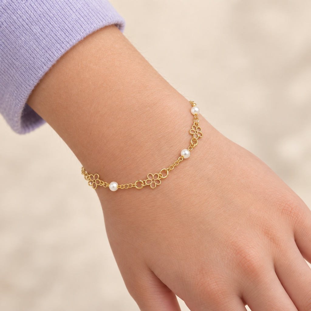 Pulsera de Oro de 9 Quilates con Flores y Perlas para Bebé