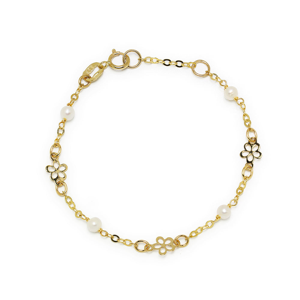 Pulsera de Oro de 9 Quilates con Flores y Perlas para Bebé