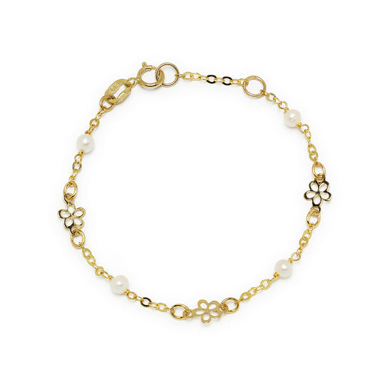 Pulsera Niña con 3 Flores y Perlas en Oro Amarillo 9 Kilates