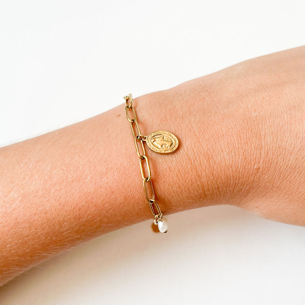 Pulsera Tesi de Acero Inoxidable con Perla y Medalla Virgen