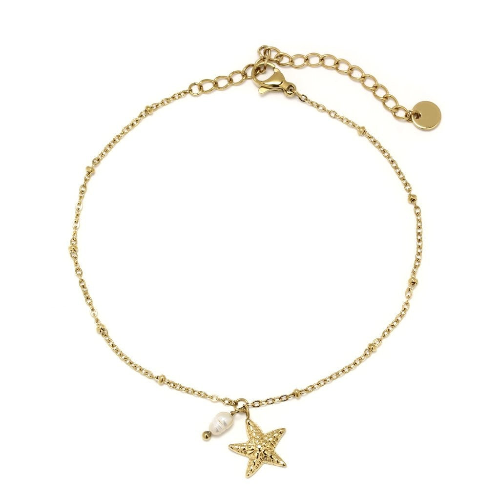 Tobillera con Estrella y Perla de Acero Dorado