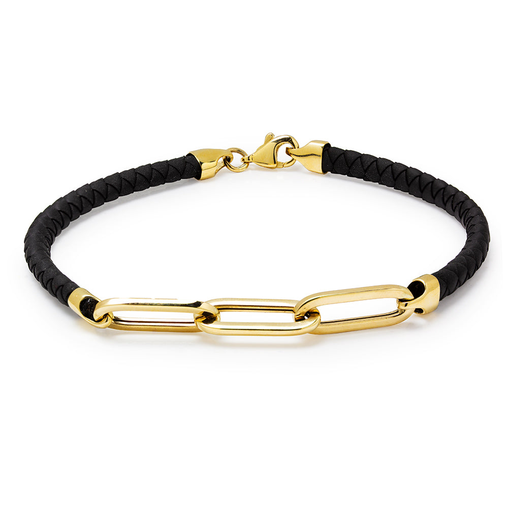 Pulsera Cuero Negro 3 Eslabones en Oro Amarillo 9 Kilates