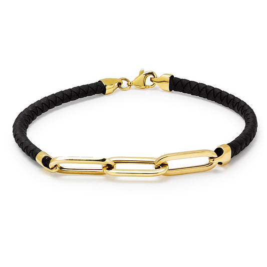 Pulsera Cuero Negro 3 Eslabones en Oro Amarillo 9 Kilates