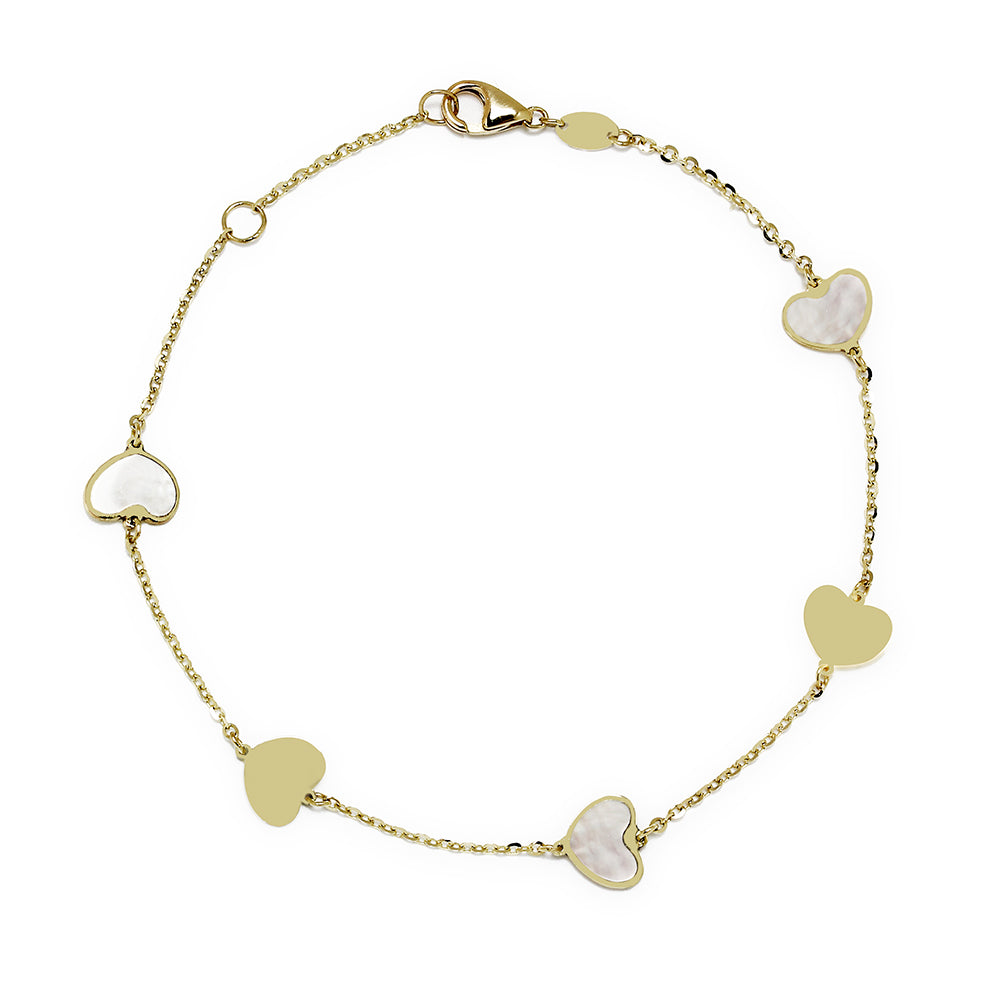 Pulsera de Corazones con Nácar de Oro de 9 Quilates