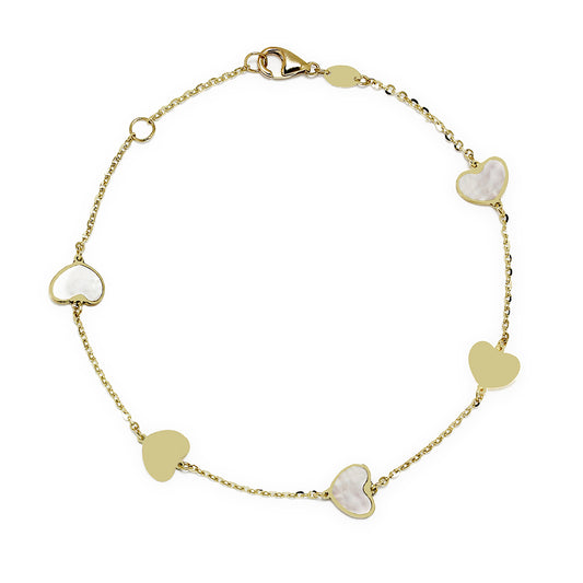 Pulsera Corazones con Nácar en Oro Amarillo 9 Kilates