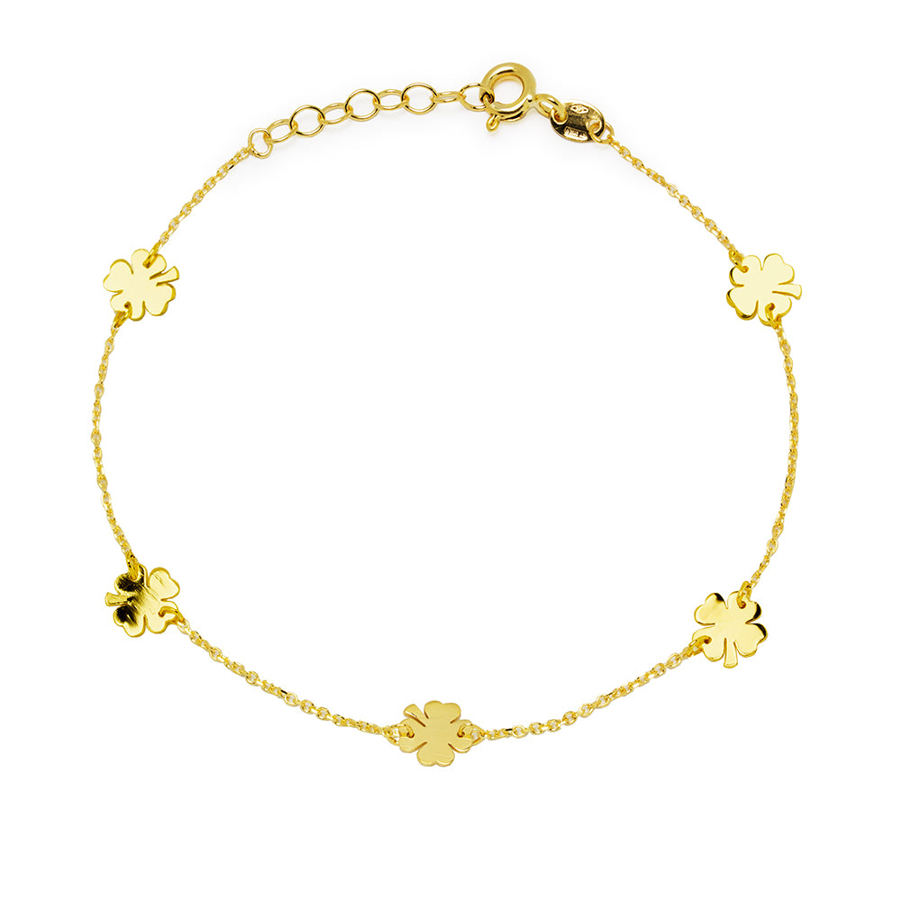 Pulsera Buena Suerte con 5 tréboles en Oro Amarillo de 9 Kilates