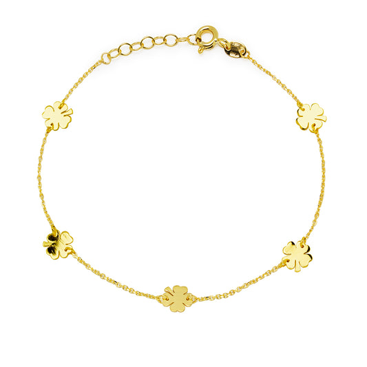 Pulsera Buena Suerte con 5 tréboles en Oro Amarillo de 9 Kilates