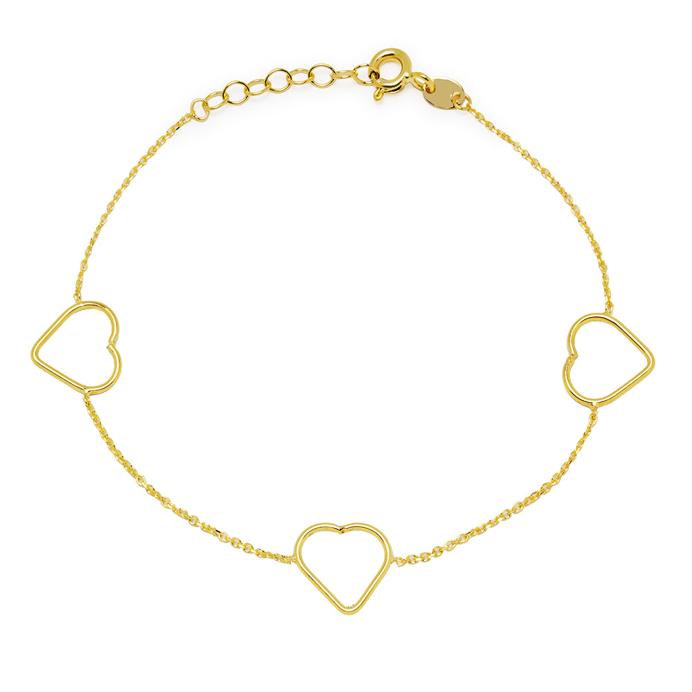 Pulsera 3 siluetas corazón en Oro Amarillo de 9 Kilates