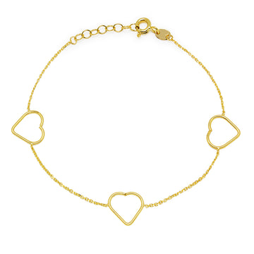 Pulsera 3 siluetas corazón en Oro Amarillo de 9 Kilates