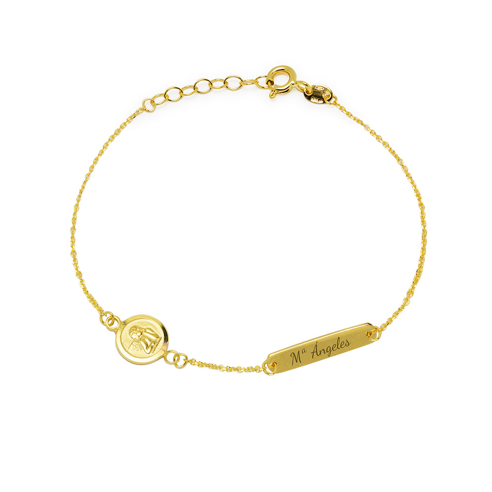 Pulsera Bebé Nomeolvides placa lisa con Angelito en Oro Amarillo 9 Kilates