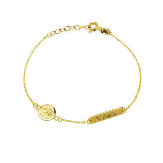 Pulsera Bebé Nomeolvides placa lisa con Angelito en Oro Amarillo 9 Kilates