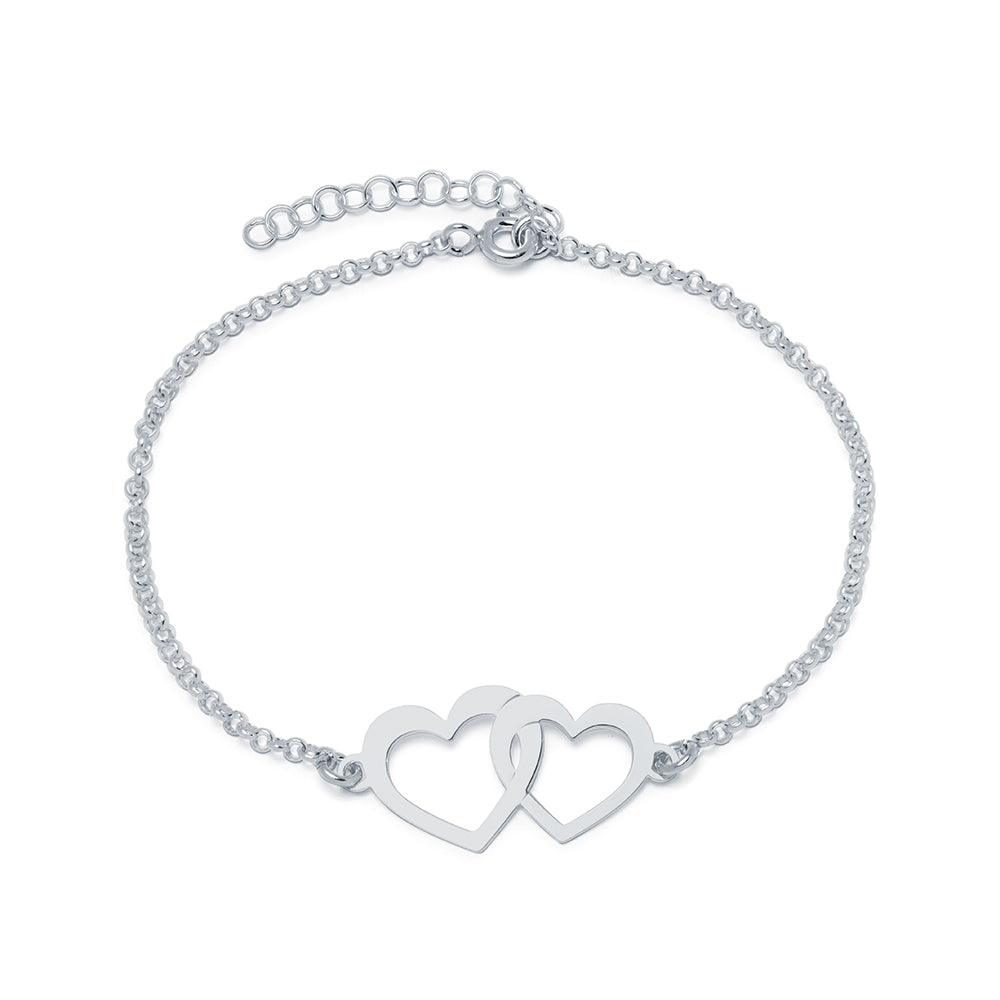 Pulsera 2 Corazones Planos Entrelazados en Plata