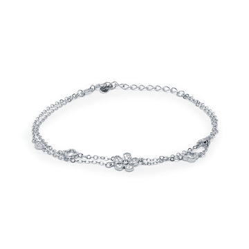 Pulsera Flores Circonitas Doble Cadena en Plata