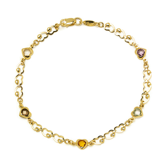 Pulsera Corazones  Circonitas Colores Amatista en Oro Amarillo de 9 Kilates