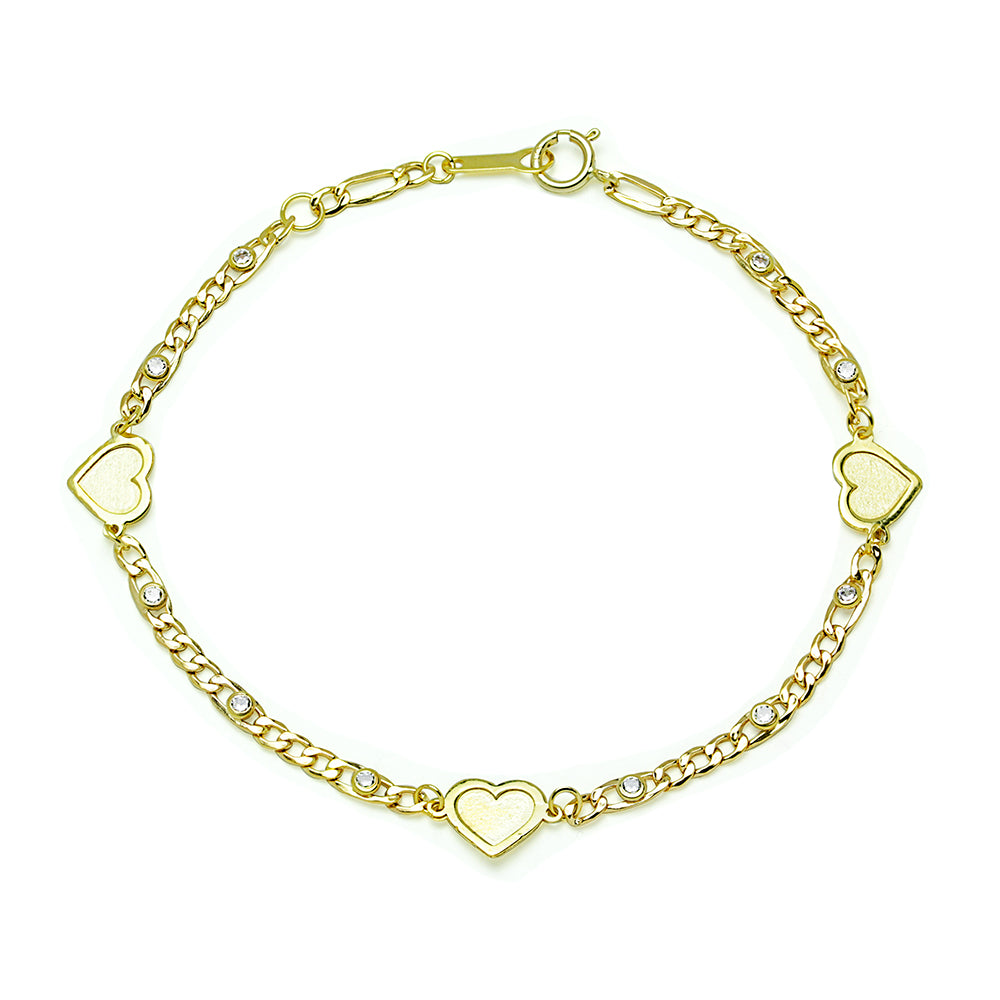 Pulsera 3 Corazones y Circonitas en Oro Amarillo 9 Kilates