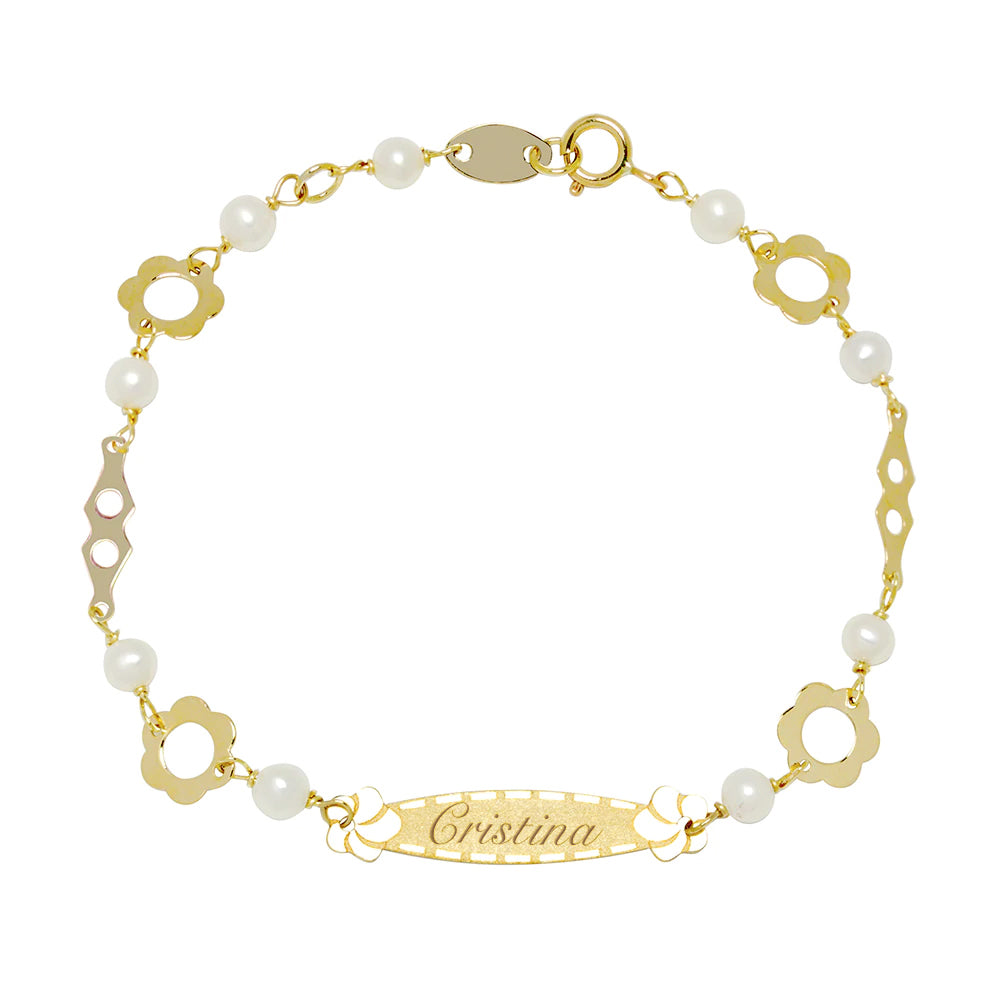 Pulsera Nomeolvides Flor y Perla en Oro Amarillo 9 Kilates