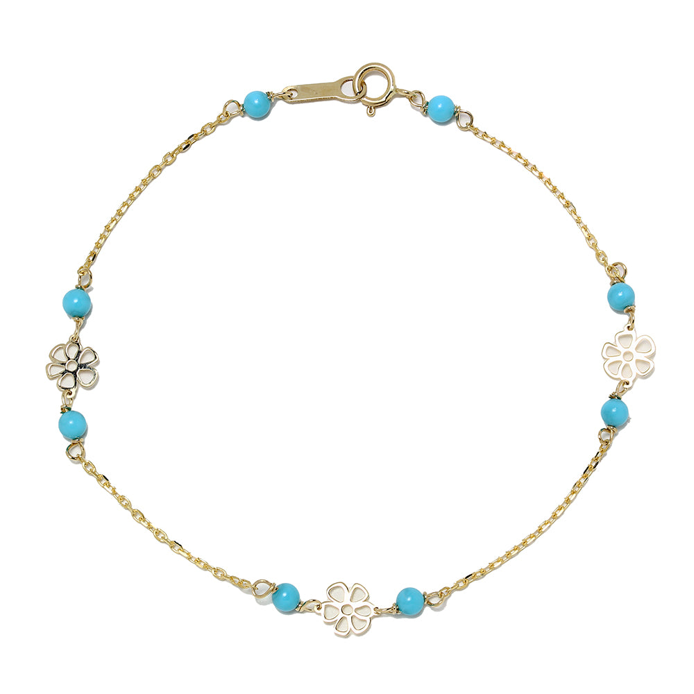 Pulsera de Flores Calada de Oro de 9 Quilates con Turquesa