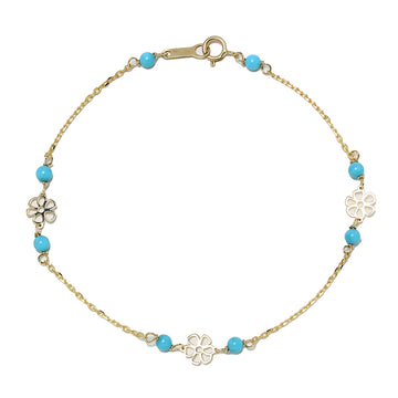 Pulsera Flores Caladas con Turquesa en Oro Amarillo de 9 Kilates