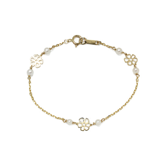 Pulsera Niña Luan con Flores Caladas y Perlas en Oro Amarillo 9 Kilates