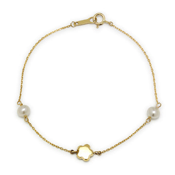 Pulsera Flor con Perlas en Oro Amarillo 9 Kilates