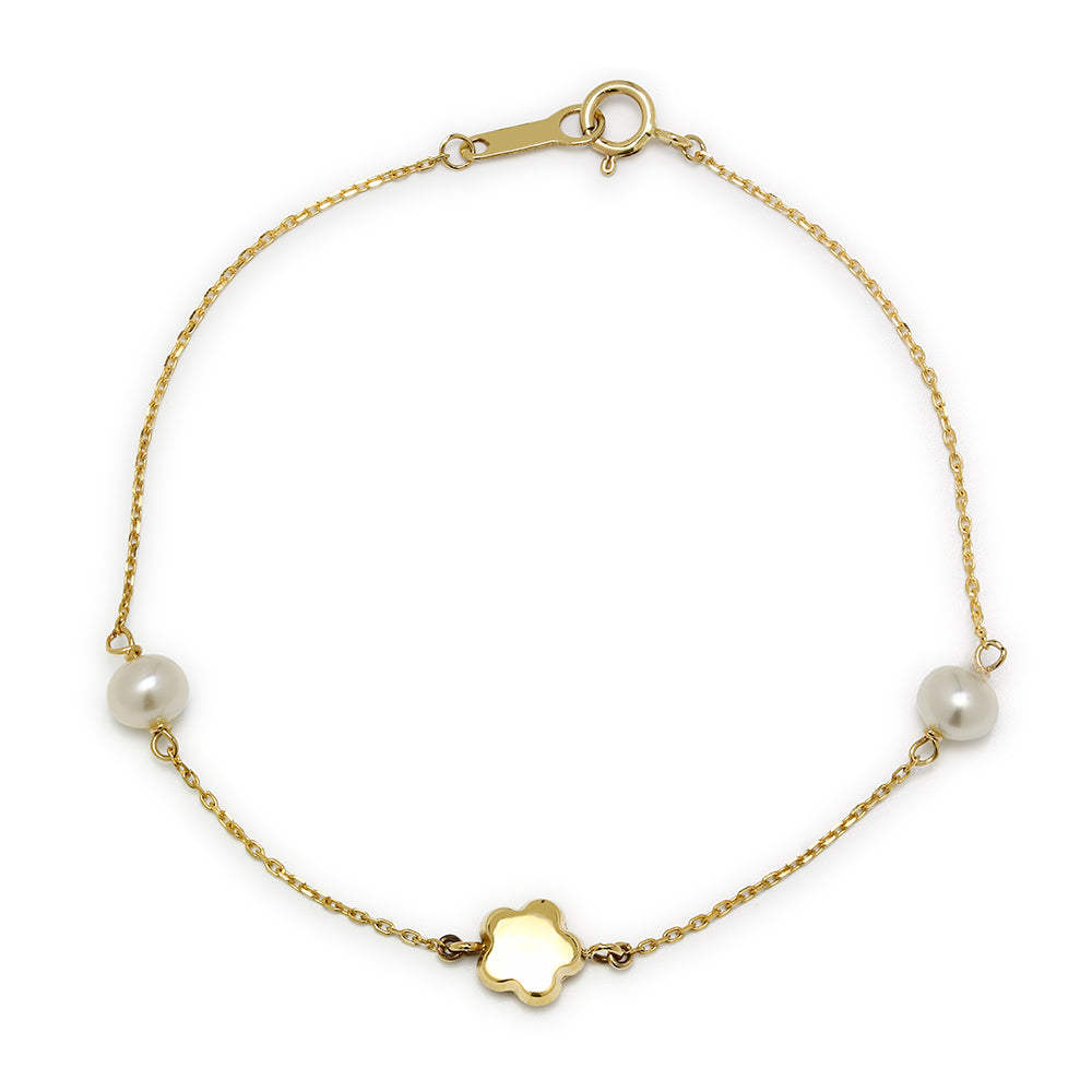 Pulsera de Oro de 9 Quilates con Perlas y Flor