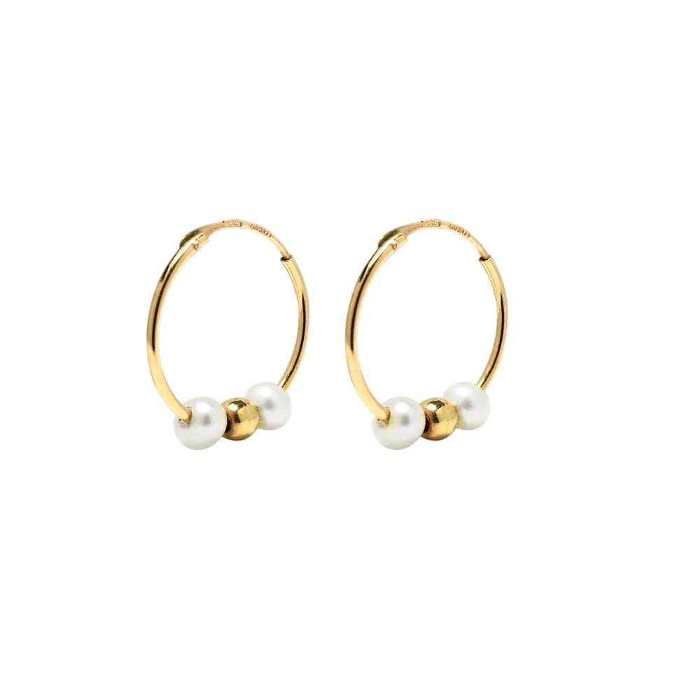 Pendientes Aro 2 Perlas 14 mm en Oro Amarillo 9 Kilates