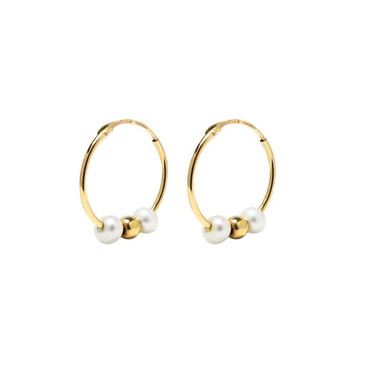 Pendientes Aro 2 Perlas 14 mm en Oro Amarillo 9 Kilates