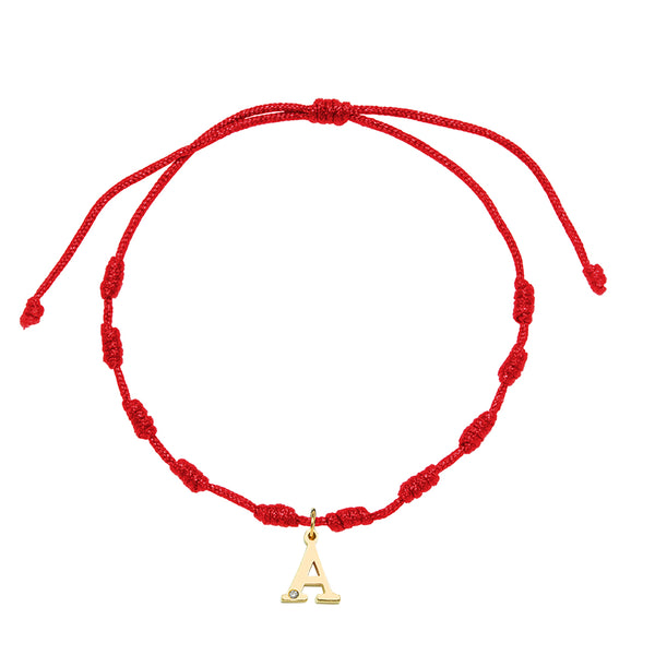 Pulsera Hilo Nudos Roja con Iniciales en Oro Amarillo 9 Kilates y Diamante