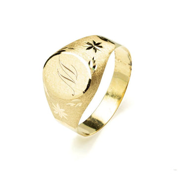 Sello Cadete Oval Hojas y Flores en Oro Amarillo 9 Kilates