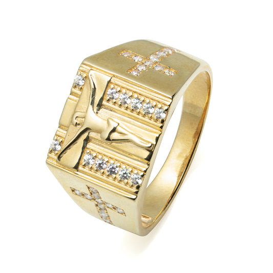 Sello Hombre Cuadrado Cristo y Circonitas en Oro Amarillo 18 Kilates