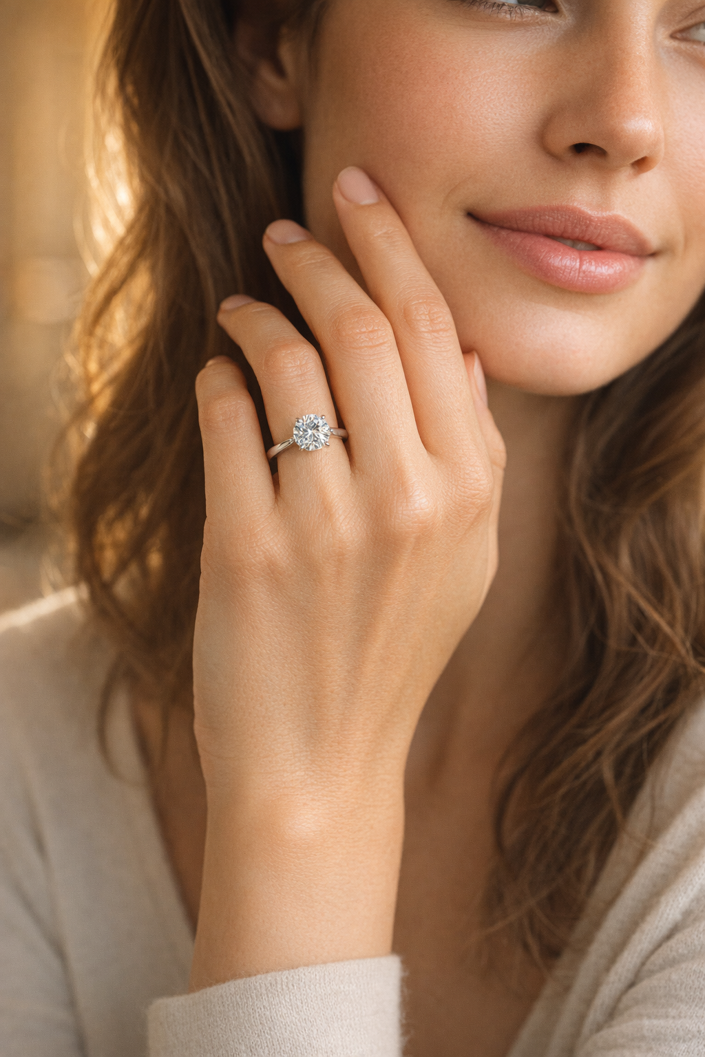 Anillo Solitario de Plata de Ley 925 con Moissanita 2 ct, foto de ambiente