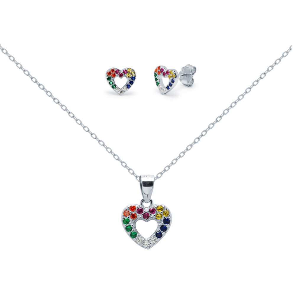 Conjunto Corazón Iris de Plata Ley 925 con Circonitas Color
