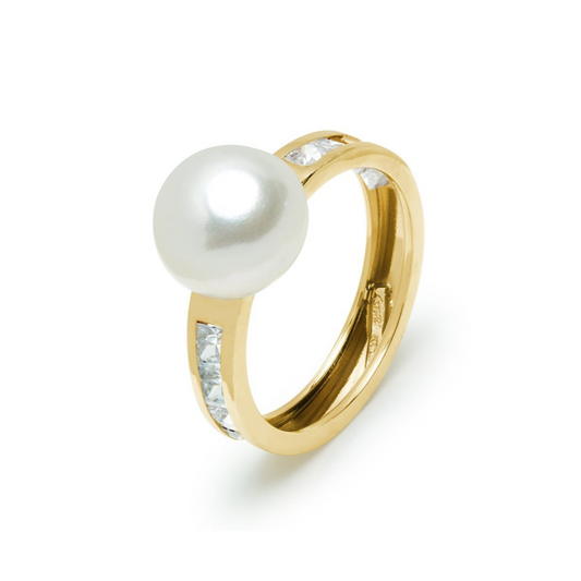 Anillo Caetana con Perla y Circonitas en Oro Amarillo 9 Kilates