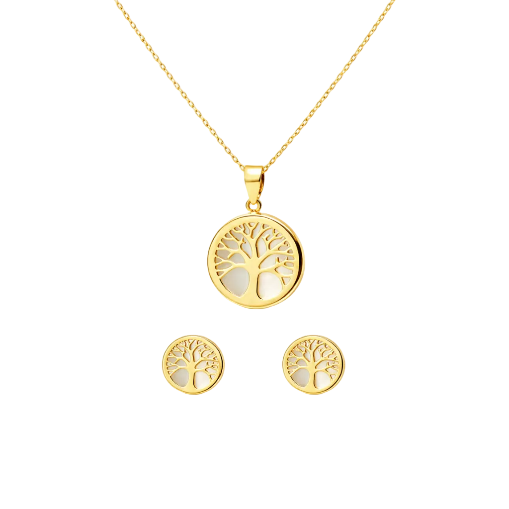Conjunto Aroa de Colgante y Pendientes Árbol de la Vida en Oro Amarillo 9 Kilates