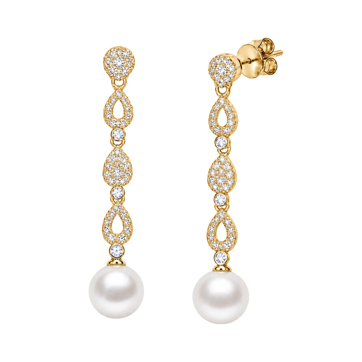 Pendientes Largos con Perla y Circonitas Baño Oro 18 Kilates