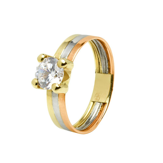 Anillo Celene con Circonita Central en Oro Tricolor de 9 Kilates