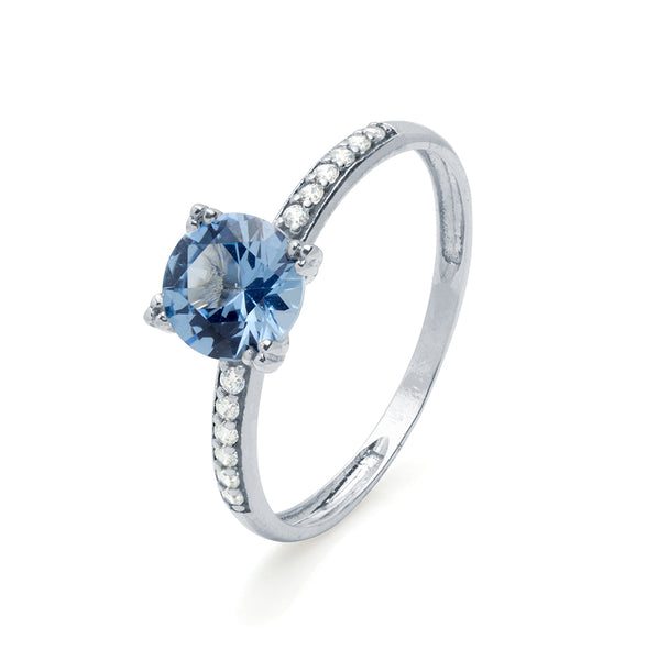 Anillo Marina  Solitario Americano con Circonita Aguamarina en Oro Blanco 9 kilates