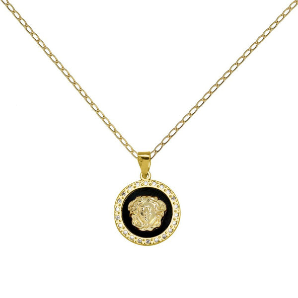 Colgante Hombre Medusa Ónix y Circonitas en Oro Amarillo 9 Kilates