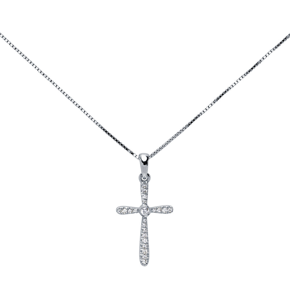 Cadena y Colgante Cruz con Diamantes 0,08 Quilates en Oro Blanco