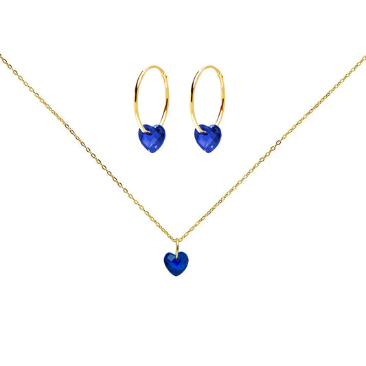 Conjunto de Gargantilla y Pendientes con Corazón de Circonita Zafiro en Oro Amarillo 9 Kilates