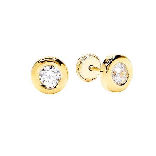 Pendientes Niña Boca Rusa Redonda con Circonita 6x6mm en Oro Amarillo 9 Kilates