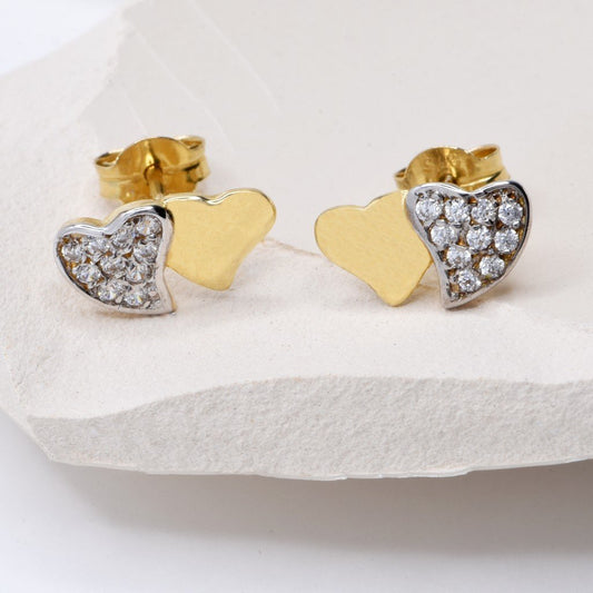 Pendientes 2 Corazones con Circonitas (10x6) en Oro Bicolor 9 Kilates