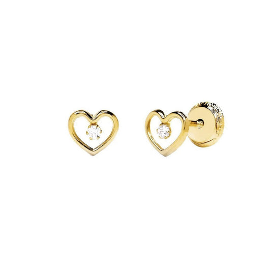 Pendientes Niña Corazón con Circonita central (6x6) en Oro Amarillo 18 Kilates