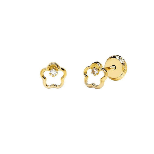 Pendientes Niña Flor con Circonita central (6x6) en Oro Amarillo 18 Kilates