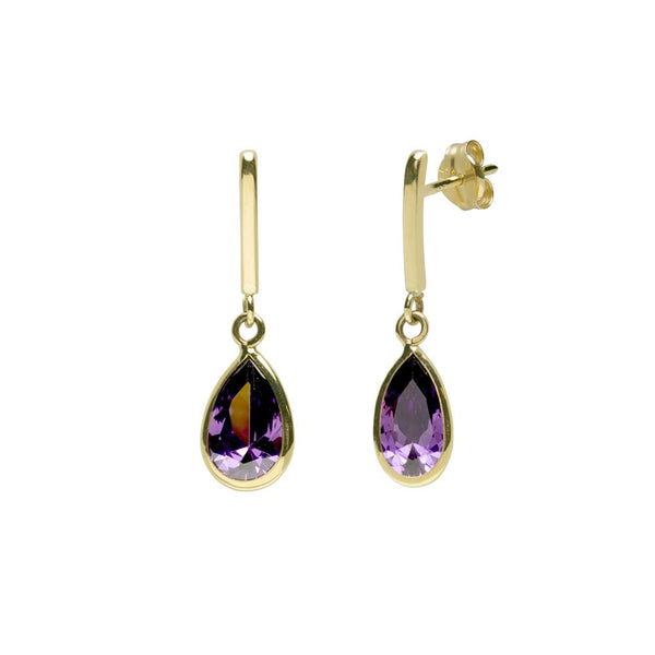 Pendientes Largos Lágrima con Circonitas Amatista en Oro Amarillo 9 Kilates