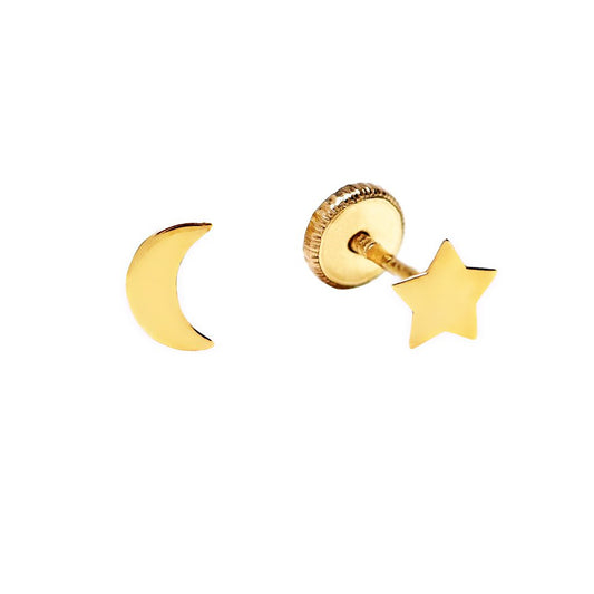 Pendientes Niña Twins Estrella-Luna en Oro  Amarillo 9 Kilates