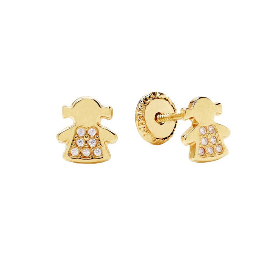 Pendientes Niña Muñeca con mini Circonitas 6x6mm en Oro Amarillo 18 Kilates